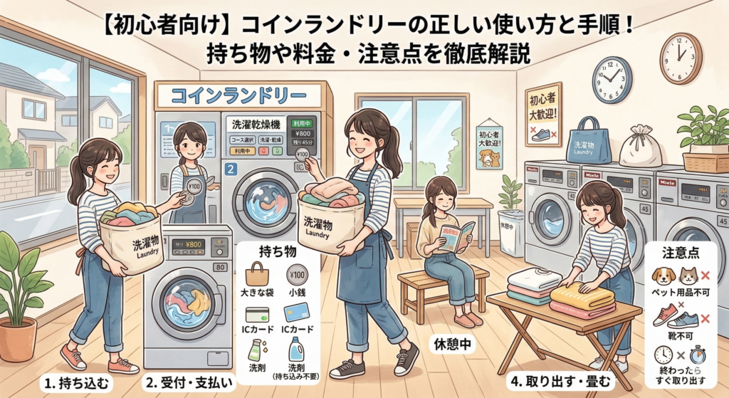 コインランドリー初心者必見！正しい使い方と手順、必要な持ち物、料金の目安を徹底解説。