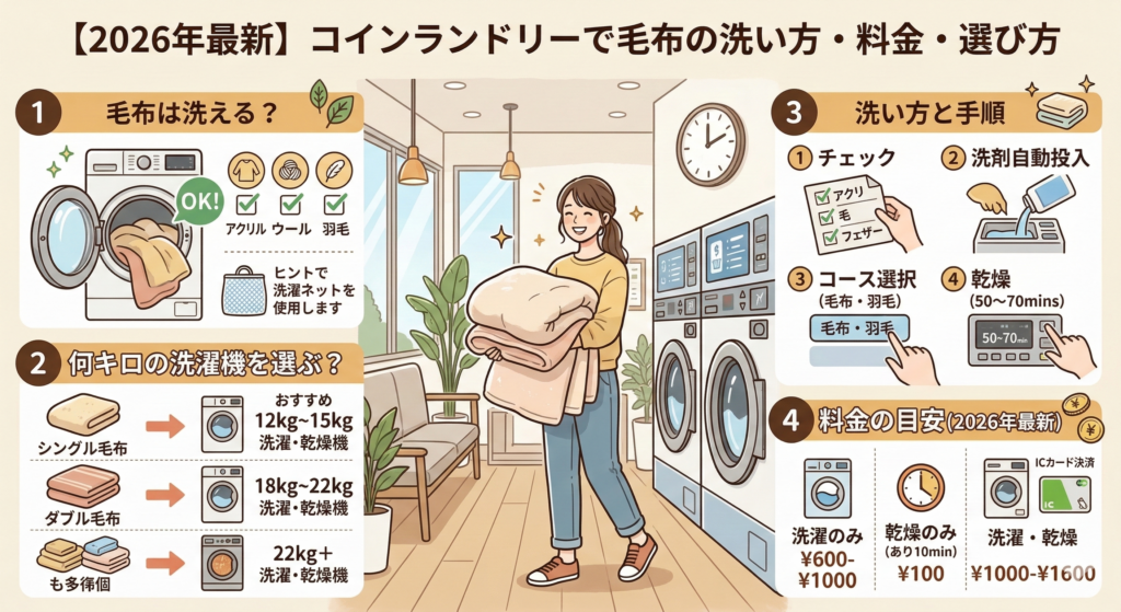 コインランドリーでの毛布の洗い方を徹底解説！失敗しない洗濯機の容量選び（12kg〜22kg）や、1,000円〜1,500円の料金目安、ふわふわに仕上げる乾燥のコツを紹介します。