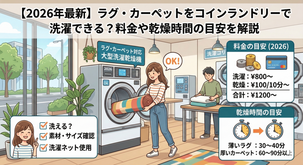 自宅で洗えないラグ・カーペットも、コインランドリーなら最短1時間で洗濯乾燥OK！クリーニングより安い料金目安や、ダニ対策に効果的な高温乾燥のメリットを解説。
