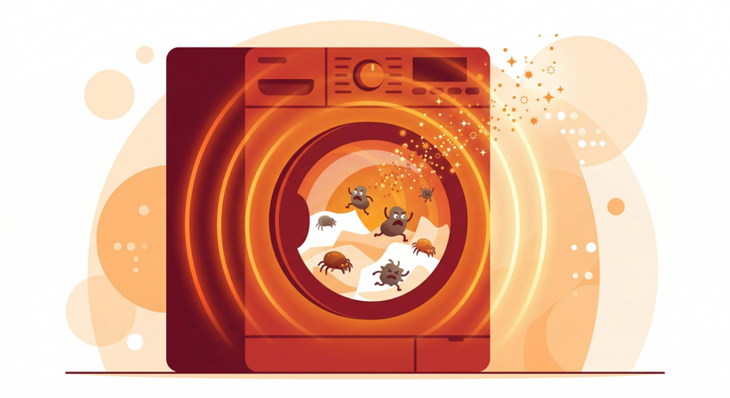ダニなどがコインランドリーの高温で処理されている様子をポップにした画像