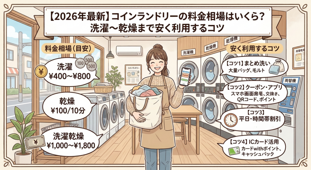 コインランドリーの料金相場を徹底解説！洗濯300円〜、乾燥100円〜の目安や、布団・靴の費用、クリーニングとの比較を網羅。さらに「乾燥機だけ」使う方法やカード割引など、安く済ませる5つの節約術も紹介します。