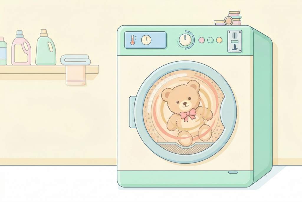 業務用乾燥機の中で穏やかな温風を浴びて低温乾燥されているクマのぬいぐるみ。