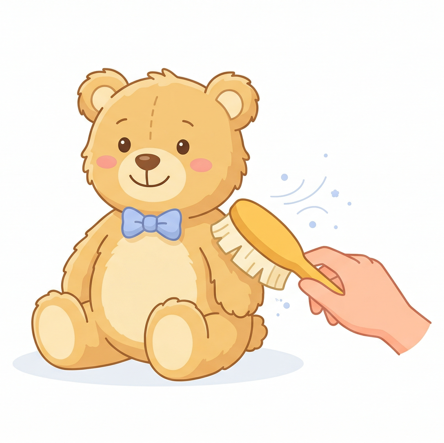 クマのぬいぐるみを柔らかいブラシで優しくブラッシングしてホコリを落とす人の手。