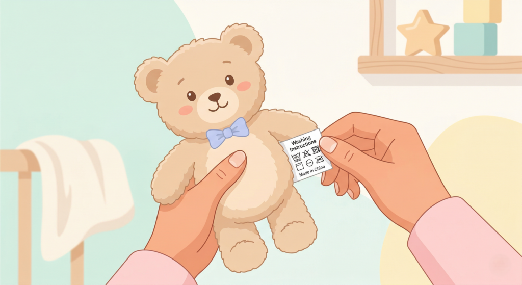 洗濯前にぬいぐるみのタグを確認する重要性を視覚的に伝えている画像