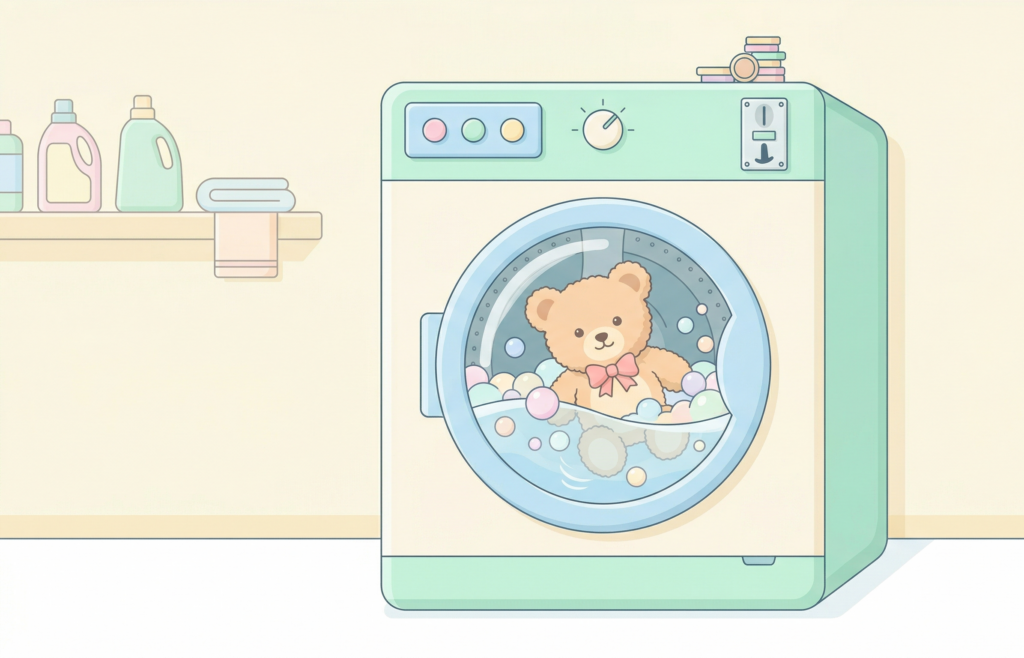 ドラム式洗濯機の中で穏やかな水と柔らかな泡で優しく洗われているクマのぬいぐるみ。