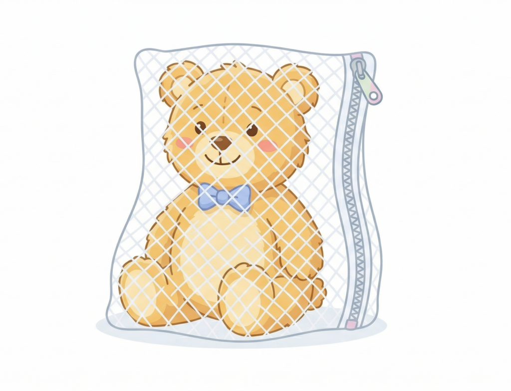 ファスナー付きの白いメッシュの洗濯ネットに安全に入れられた、可愛いクマのぬいぐるみ。