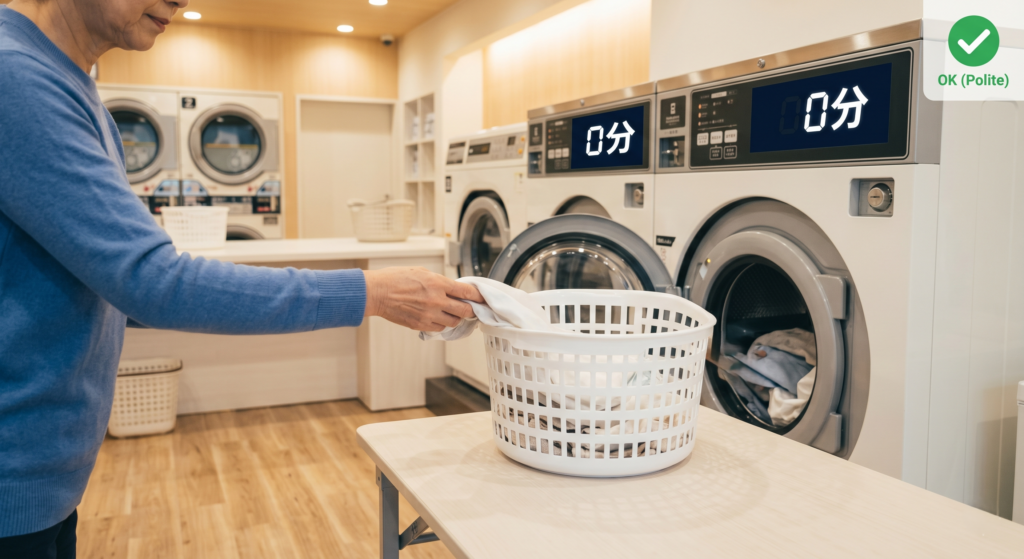 The lighting is warm and respectful, illustrating proper Japanese laundromat etiquette.