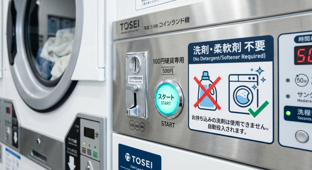 This clearly symbolizes that bringing your own detergent is unnecessary because it's built-in. The lighting is crisp and well-lit, emphasizing convenience.