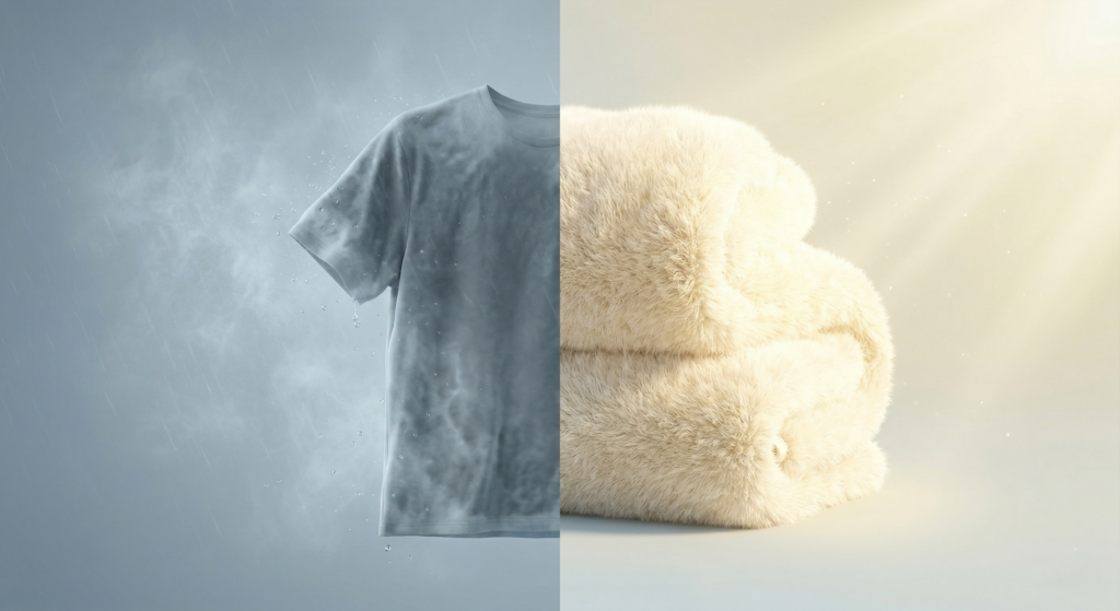 半分に分割されたコンセプト3Dイラスト。左側には、雨の気配を漂わせる、やや陰鬱な湿ったTシャツが描かれている。右側には、柔らかな日光の下で輝く、明るく、信じられないほどふわふわで暖かい折り畳まれたタオルが描かれている。