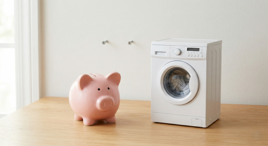 清潔な木製のテーブルの上に、可愛らしい貯金箱とミニチュアのモダンな洗濯機が並んでいる。
