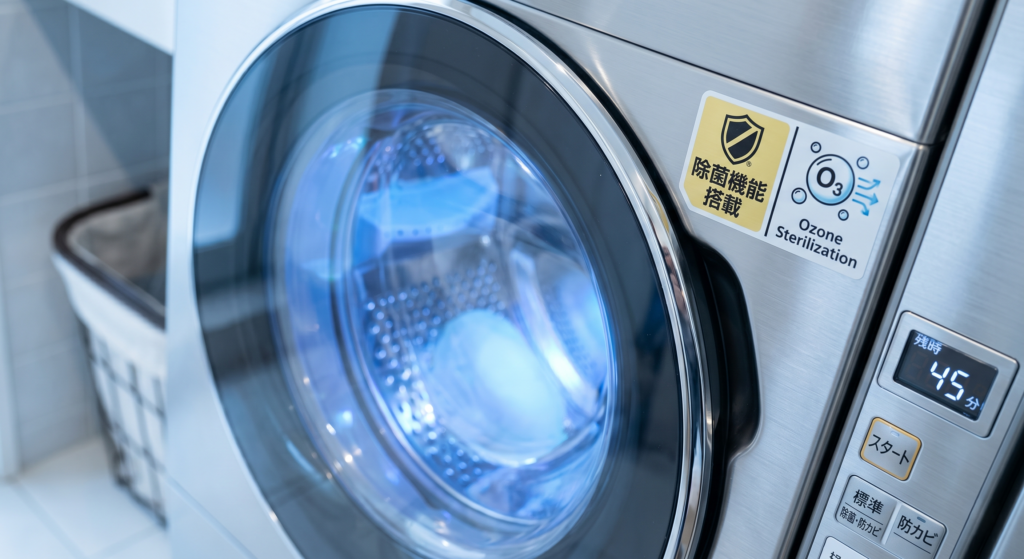 The inside of the drum is glowing with a soft, reassuring blue UV light, visually representing the sterilization process.