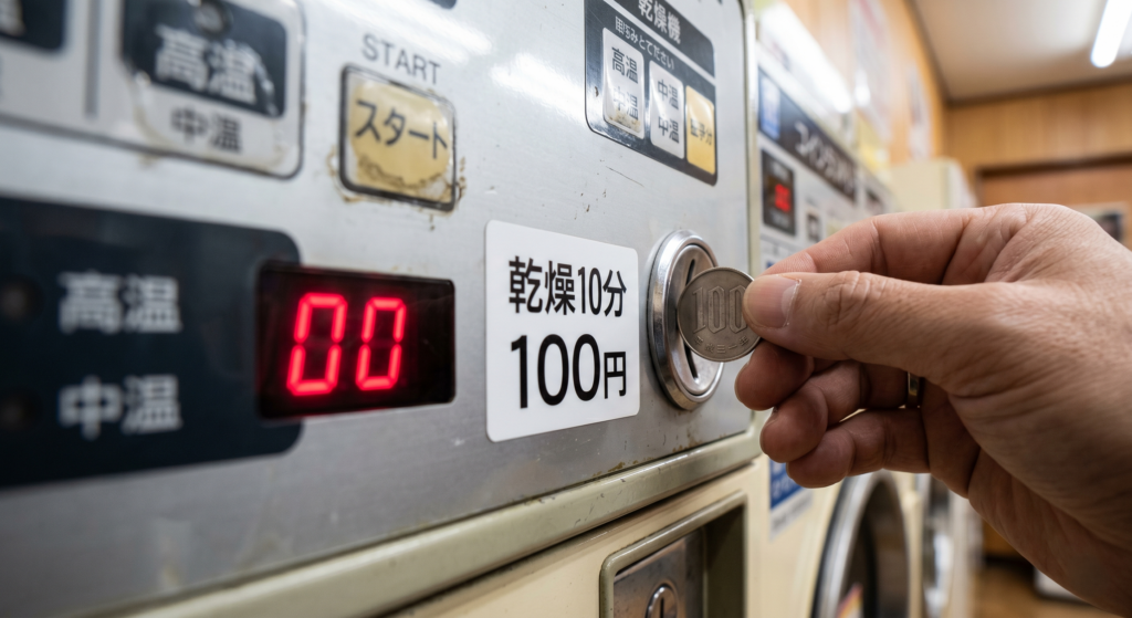 A realistic, tight close-up photo focusing on the control panel of a standard Japanese coin laundry dryer.