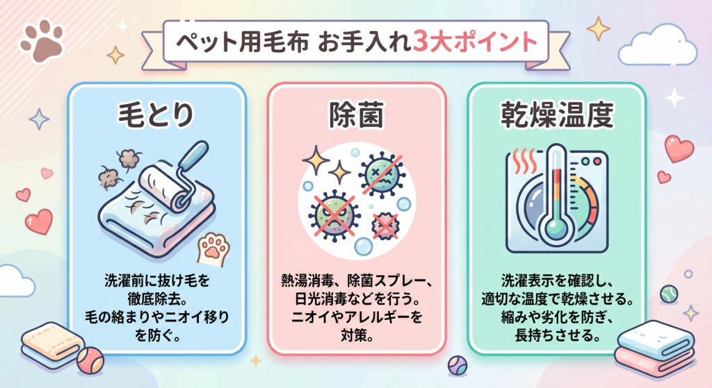 ペット用毛布のコインランドリーお手入れ3大ポイント(毛取り・除菌・乾燥温度)