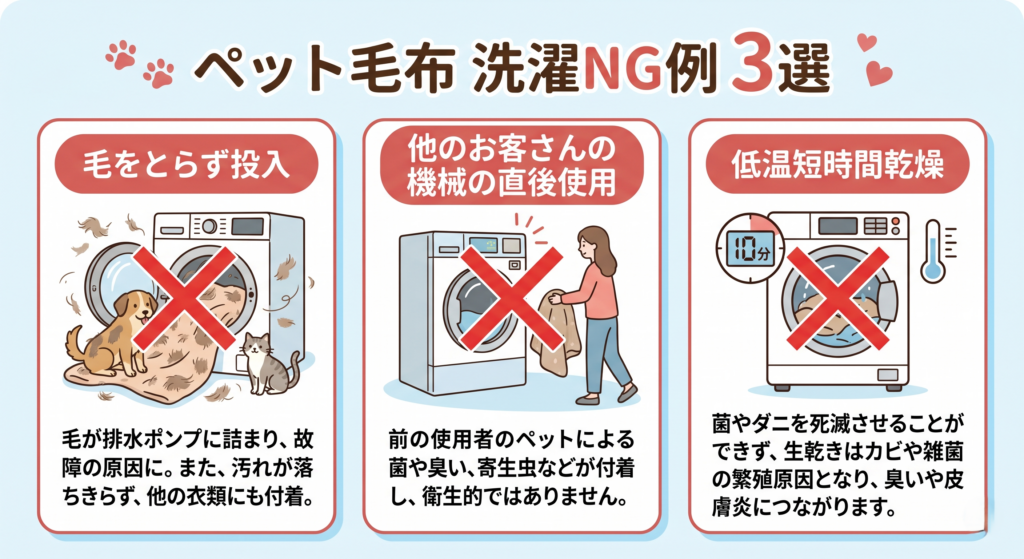 ペット毛布のコインランドリー洗濯NG例3選(毛取り忘れ・他人の機械・低温乾燥)