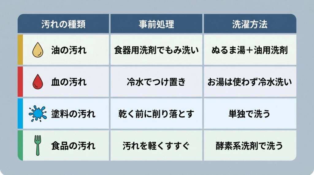 作業着の汚れ別対処法早見表（油・血液・ペンキ・食品の事前処理と洗濯方法）