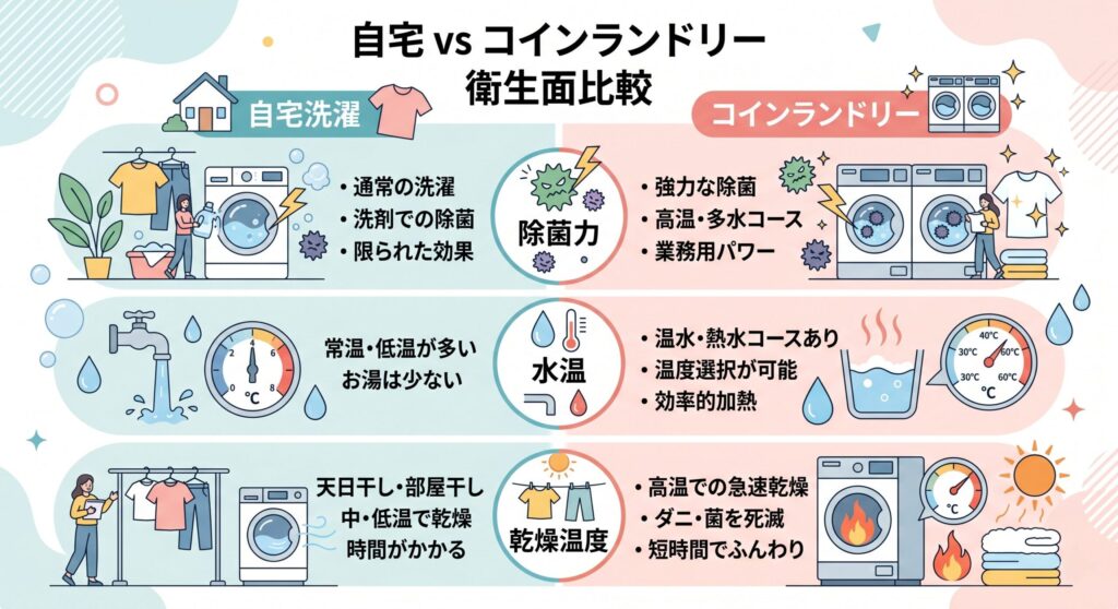 赤ちゃん服の自宅洗濯とコインランドリーの衛生面比較（除菌力・水温・乾燥力の違い）