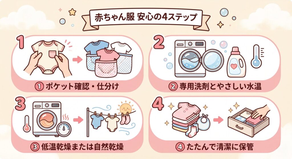 赤ちゃん服のコインランドリー利用ステップ（事前下洗い・別洗い・低温乾燥・取り出し直後たたむ）