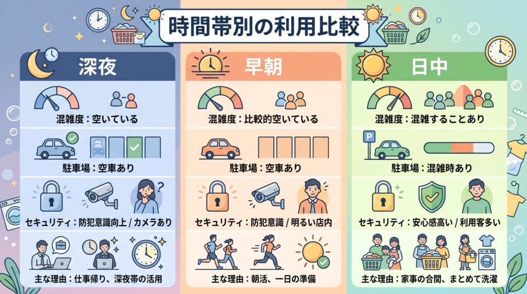 深夜・早朝・日中の3時間帯コインランドリー利用比較（混雑度・料金・防犯）