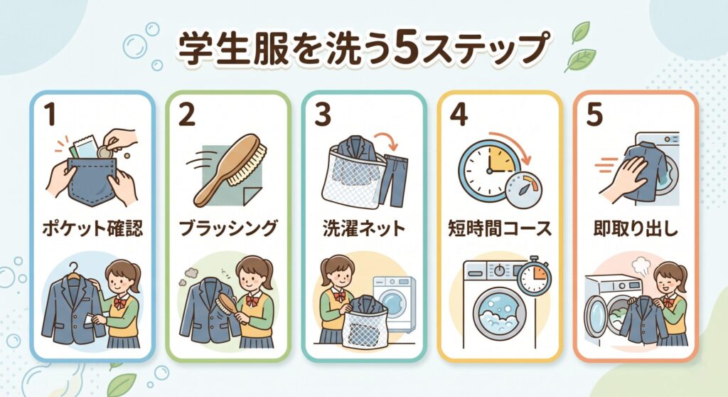 学生服をコインランドリーで洗う手順5ステップ（ポケット確認・ブラッシング・ネット入れ・短時間コース・即取り出し）
