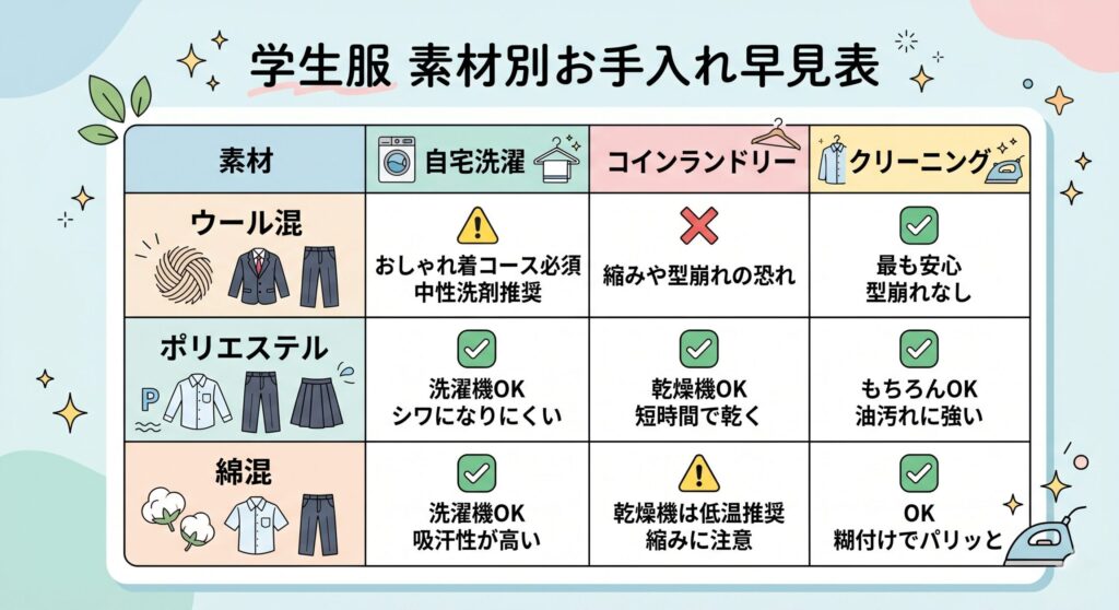 学生服の素材別お手入れ早見表（ウール混・ポリエステル・綿の洗濯可否と推奨方法）