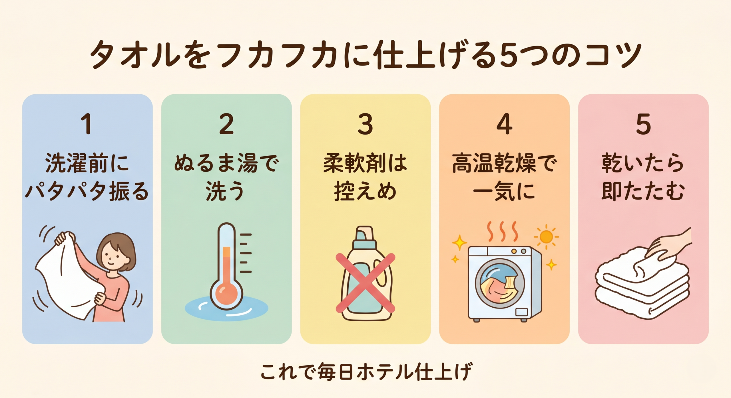 タオルをふかふかに仕上げるコインランドリー活用5つのコツ｜パタパタ振る・ぬるま湯洗い・柔軟剤控えめ・高温乾燥・即たたむ