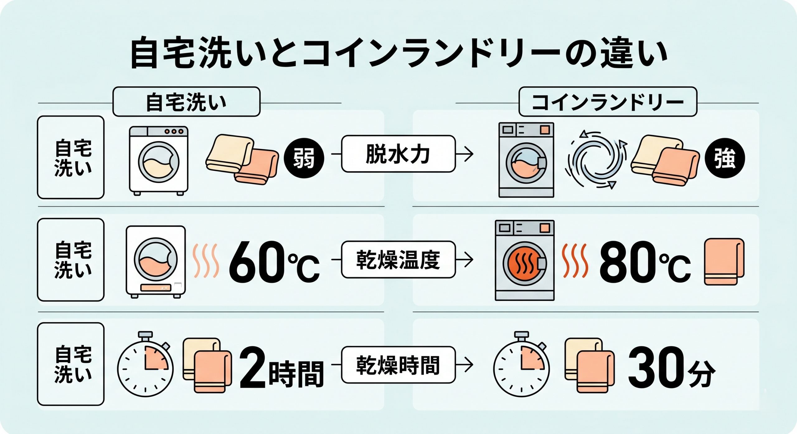 コインランドリーと自宅洗濯機のタオル仕上がりの違い図解｜脱水力・乾燥温度・乾燥時間の3項目を視覚比較