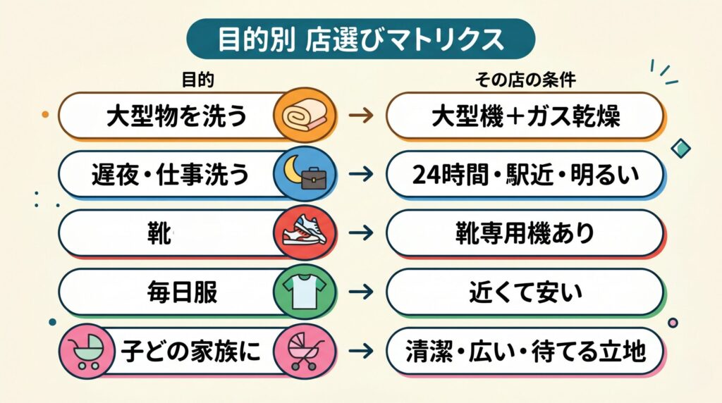 布団・夜利用・靴洗い・普段着・子連れなど目的別に重視すべきコインランドリーの条件をまとめたマトリクス図