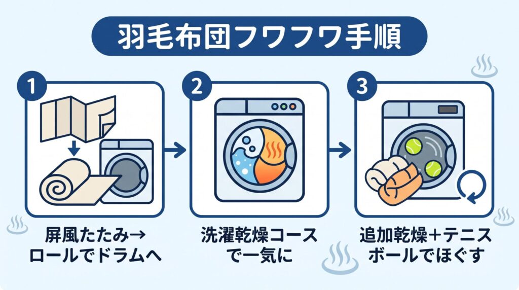 屏風たたみにしてロール状でドラムへ→洗濯乾燥コースで一気に→追加で10〜20分乾燥しテニスボールでほぐす、という羽毛布団をフワフワに洗う手順