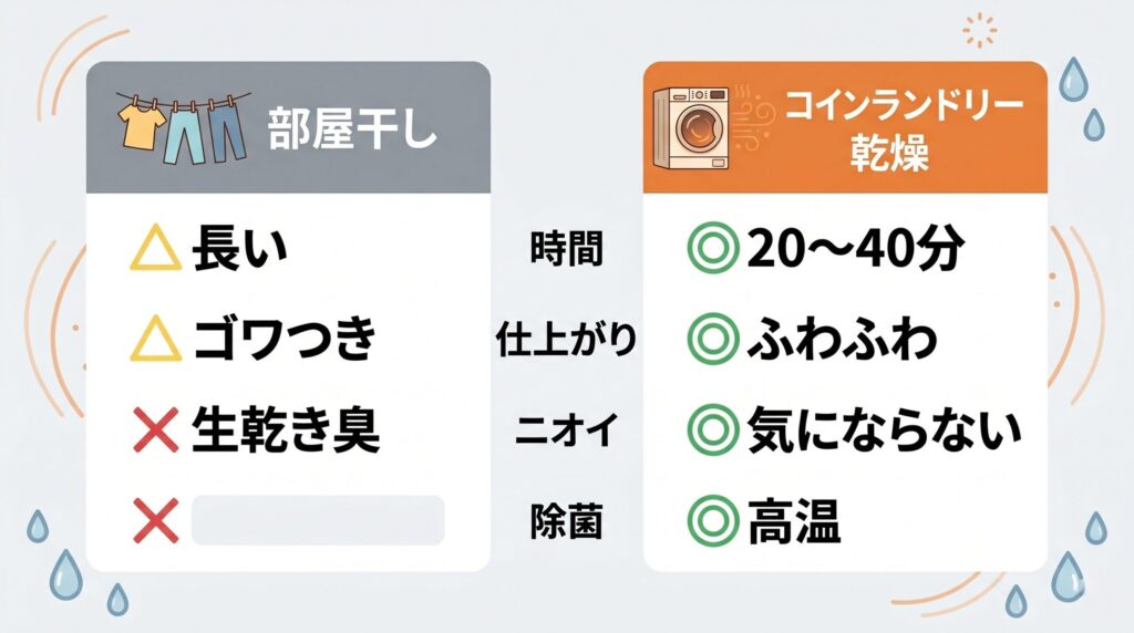 部屋干しとコインランドリー乾燥の仕上がり・時間・ニオイ・除菌効果を比較した図