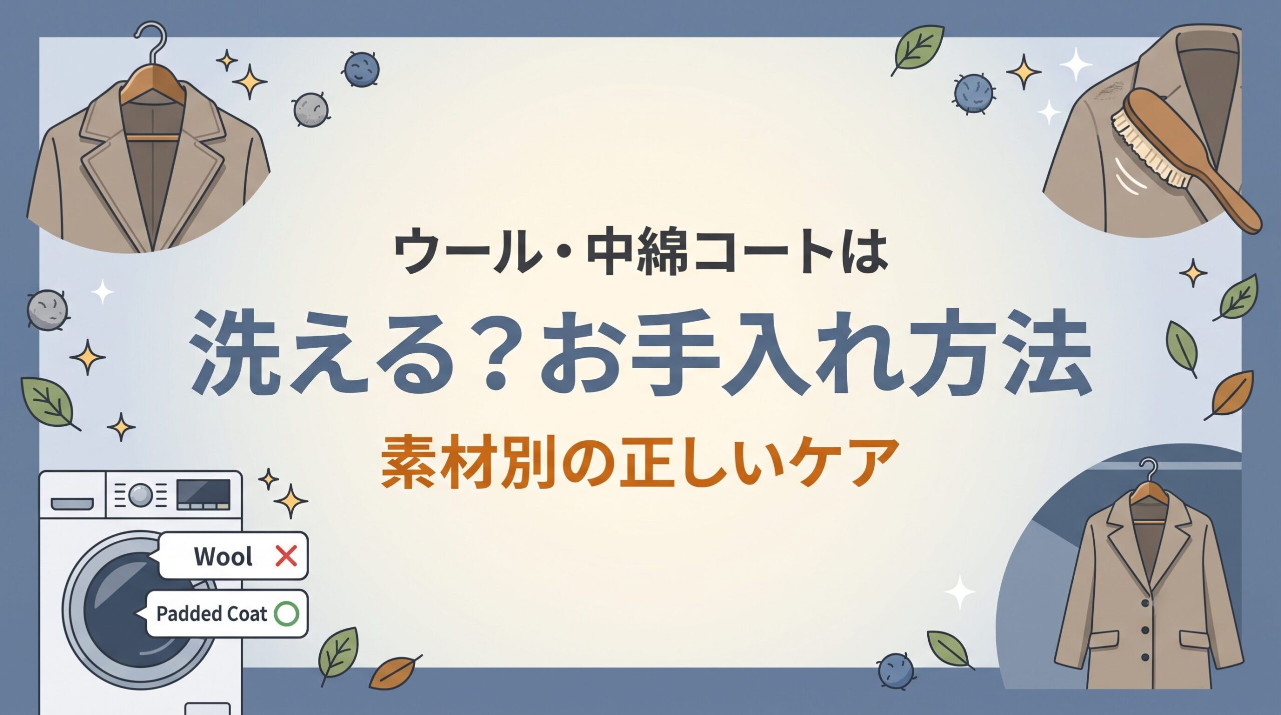 ウールコートと中綿コートの素材別の洗い方とお手入れ方法を示したイメージ