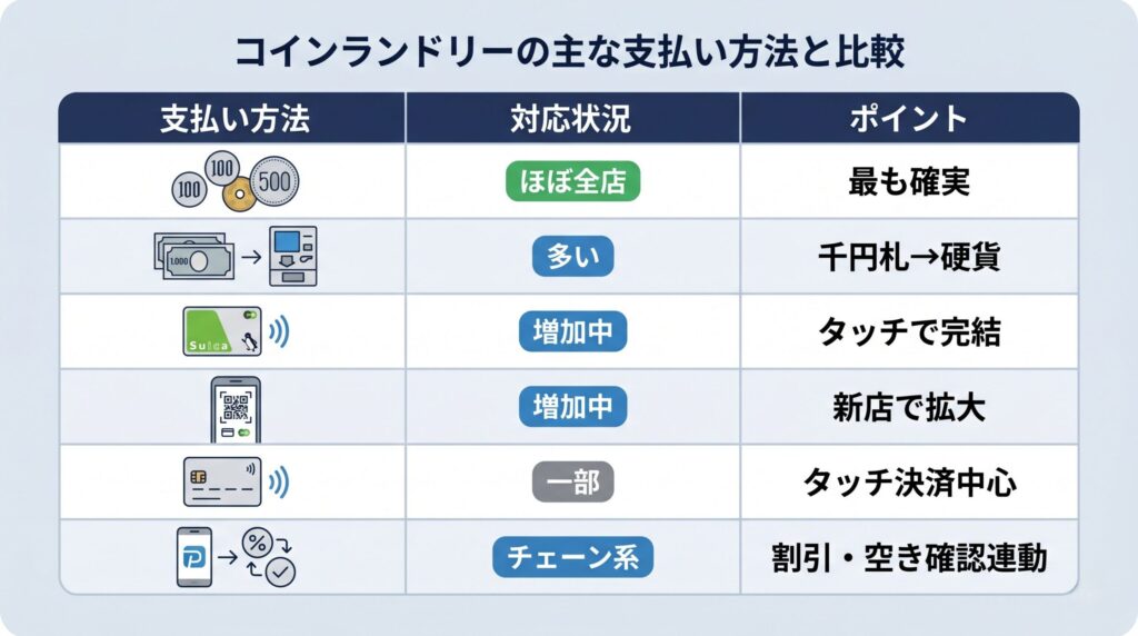 現金・両替機・交通系IC・QRコード決済・クレジットカード・専用アプリなどコインランドリーの支払い方法一覧