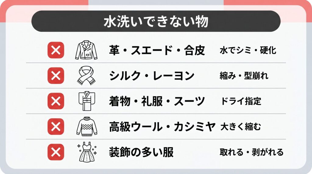 革・シルク・着物・高級ウール・装飾品などコインランドリーで水洗いできない物の一覧表