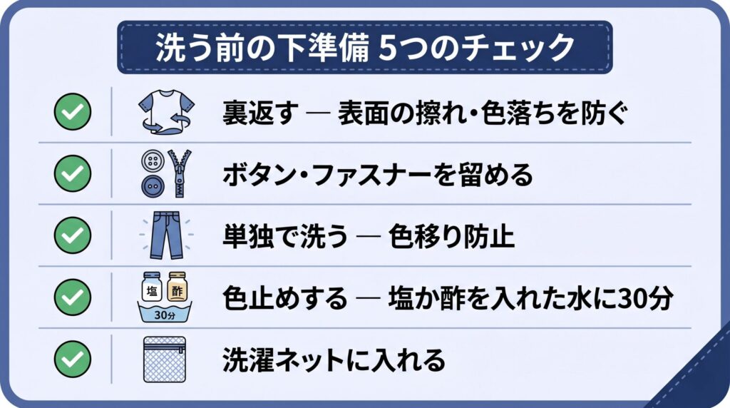 ジーンズを裏返す・ボタンを留める・単独洗い・色止め・ネット使用など色落ちと色移りを防ぐ下準備チェックリスト