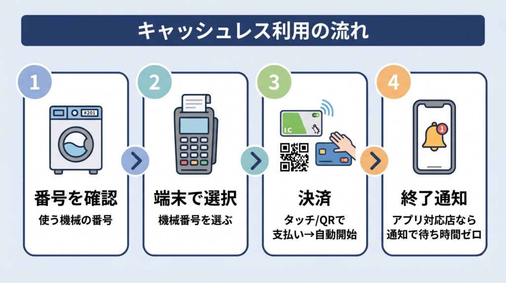 アプリやICで機械を選び決済・運転開始・終了通知まで、キャッシュレス利用の手順フロー