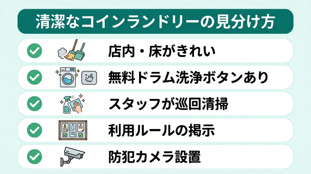 店内の清潔感・無料ドラム洗浄ボタン・スタッフ巡回清掃・ルール掲示・防犯カメラの5点で清潔なコインランドリーを見分けるチェックリスト