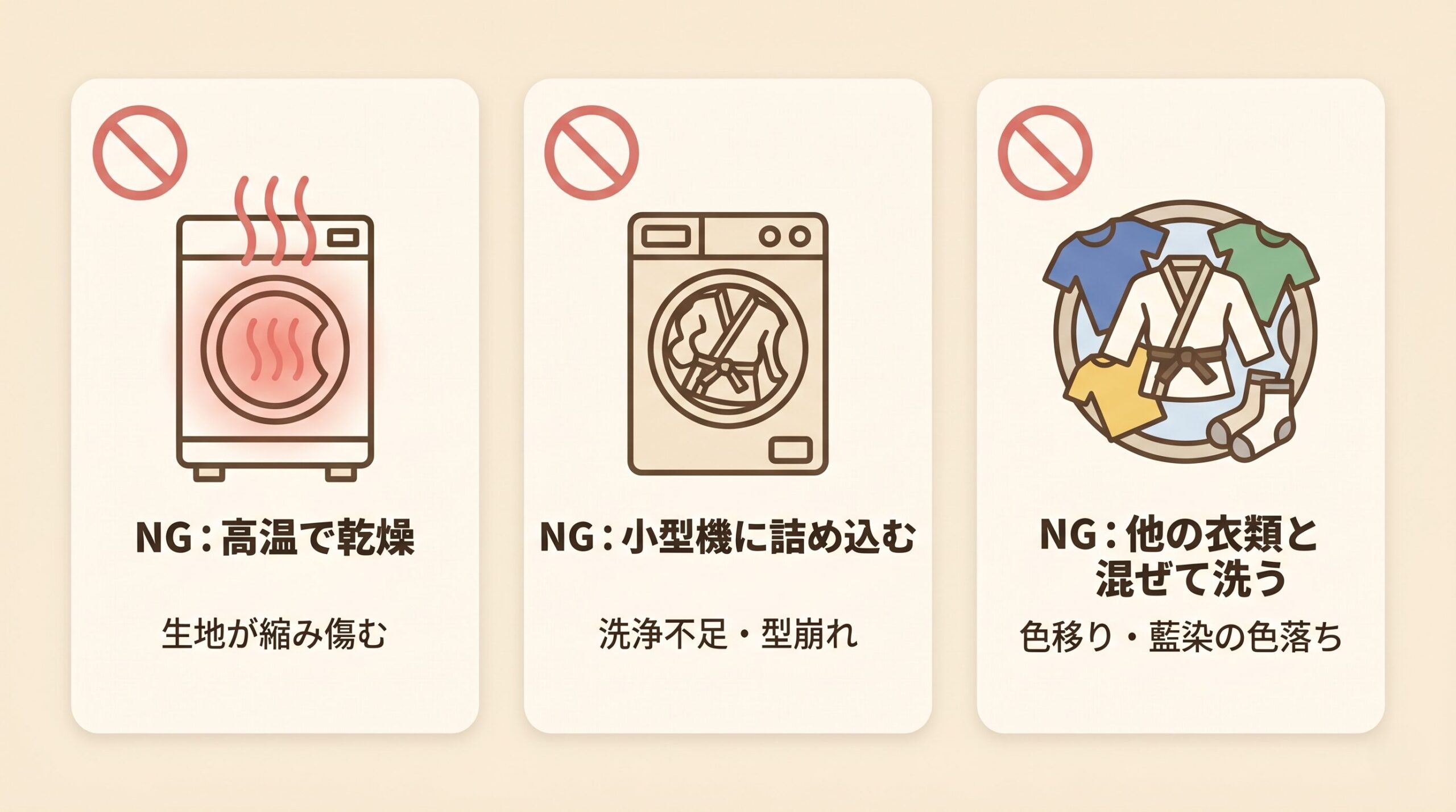 武道着のコインランドリー洗濯NG例3選(高温乾燥・小型機・他の衣類と混合)