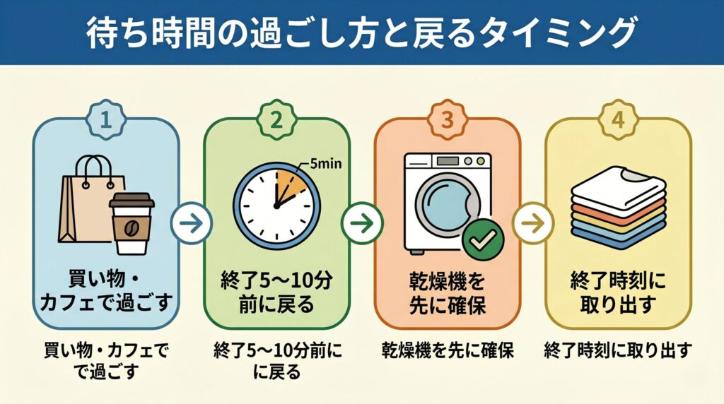 待ち時間に買い物やカフェで過ごし、乾燥終了の5〜10分前に戻って乾燥機を確保する流れの図