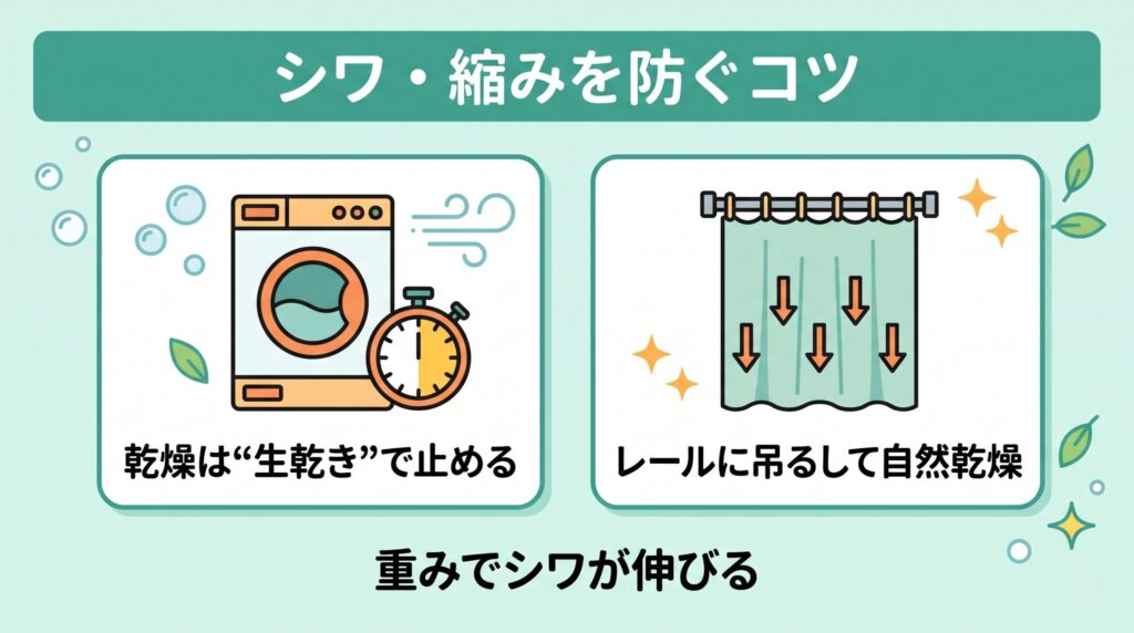 乾燥は生乾きで止めて持ち帰り、フックを付けてカーテンレールに吊るすと重みでシワが伸びる、縮みを防ぐ仕上げのコツ