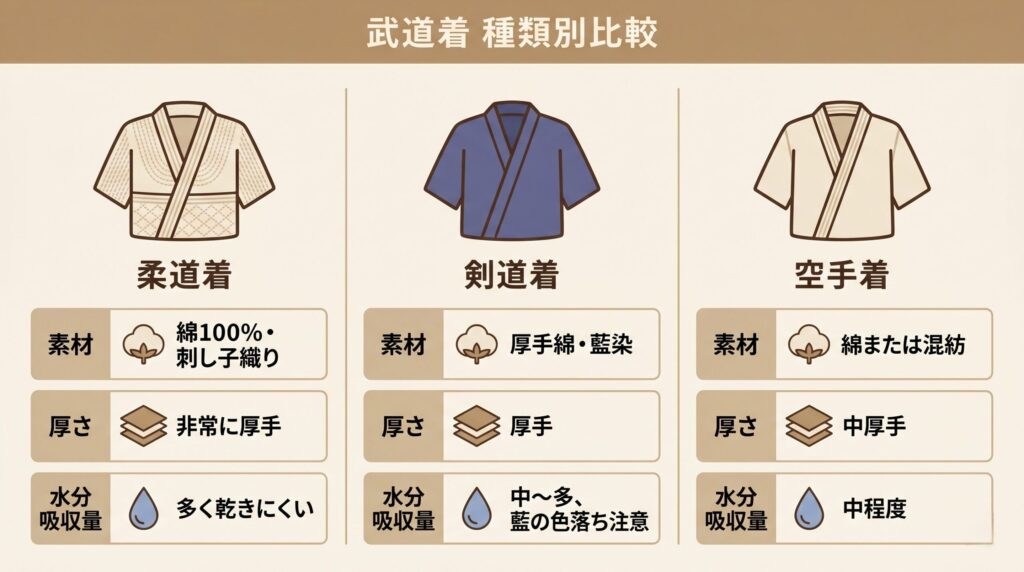 柔道着・剣道着・空手着の素材と乾燥重量比較(綿100%・厚手・水分吸収量)