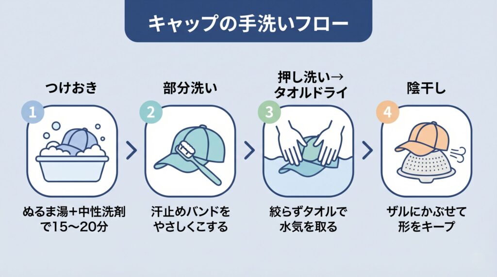 つけおきから汗止めバンドの部分洗い、押し洗い、タオルドライ、ザルやキャップキーパーで陰干しまでの手洗いフロー