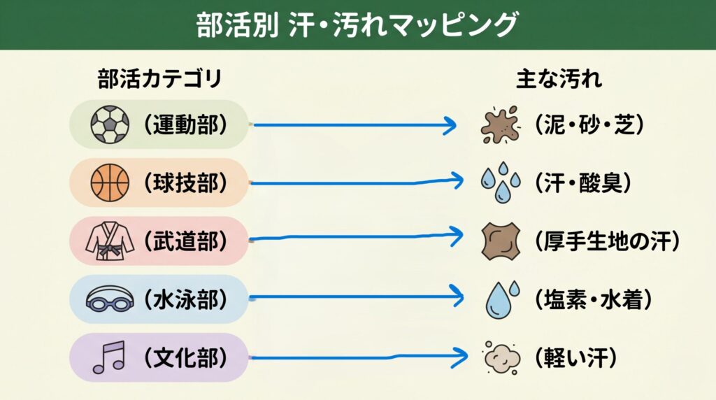 運動部・球技部・武道部・水泳部・文化部の汗量と汚れ種別の比較マッピング