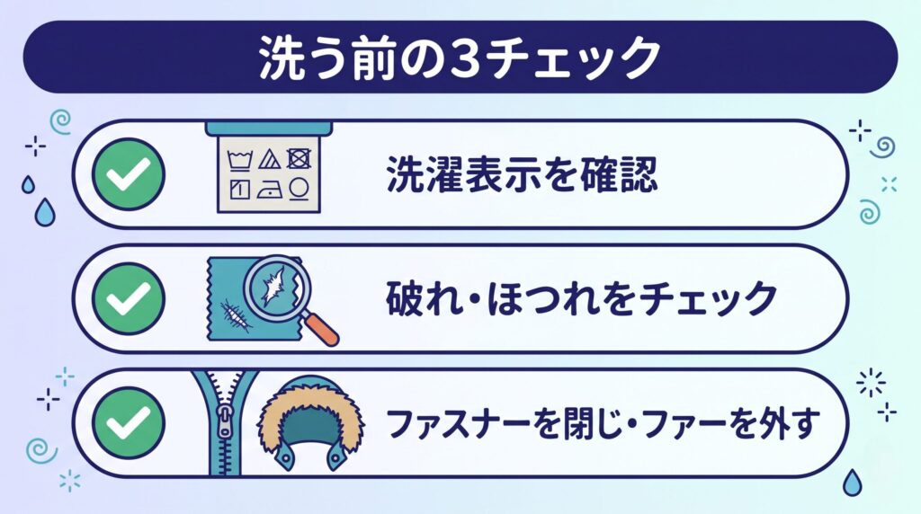 洗濯表示タグを確認→破れ・ほつれがないかチェック→ファスナーやボタンを閉じてファーを外す、というダウンジャケットを洗う前の3チェック