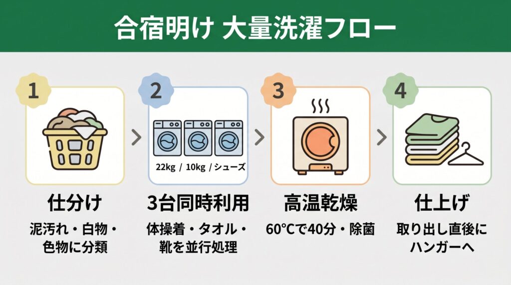 合宿後の仕分け→3台同時洗濯→仕上げまでの大量洗濯フローチャート