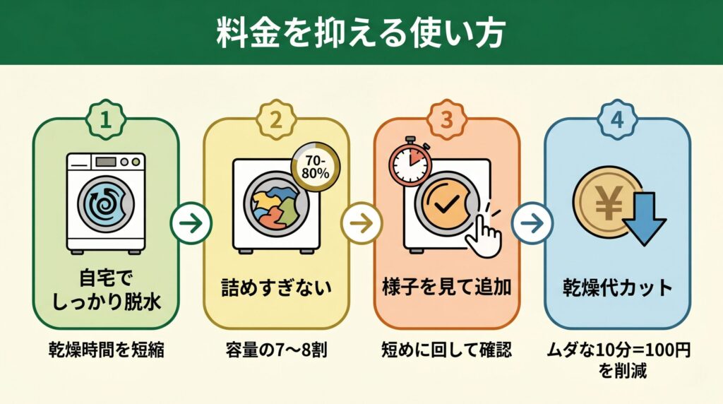 自宅でしっかり脱水してから持ち込み、適量を詰めて洗い、乾燥は様子を見て追加することで料金を抑える使い方フロー