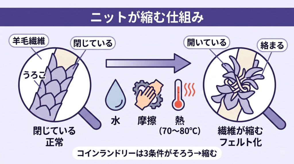 ウール・カシミヤのニットは洗濯機と高温乾燥で繊維表面のスケールが絡んでフェルト化し縮むため、コインランドリーは基本NG、という縮みのメカニズムの説明