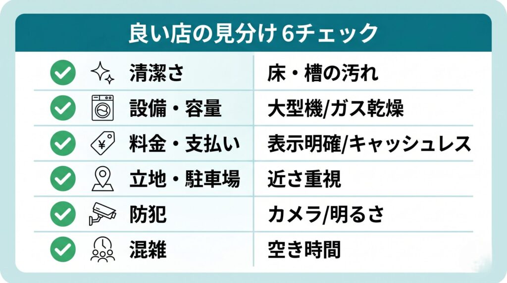 清潔さ・洗濯機の容量・ガス乾燥機・料金表示・両替やキャッシュレス・防犯カメラ・台数・立地などコインランドリーの店選びチェックポイント一覧