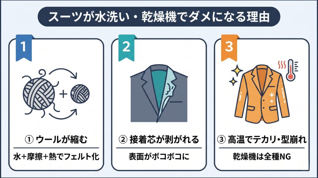 ウールの縮絨・接着芯の剥がれ・高温乾燥でのテカリと型崩れなど、スーツが水洗いと乾燥機に向かない理由の図解