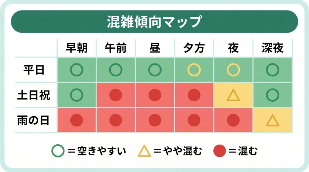 平日・土日・雨の日それぞれの時間帯別の混雑度を色分けで示したコインランドリーの混雑傾向マップ
