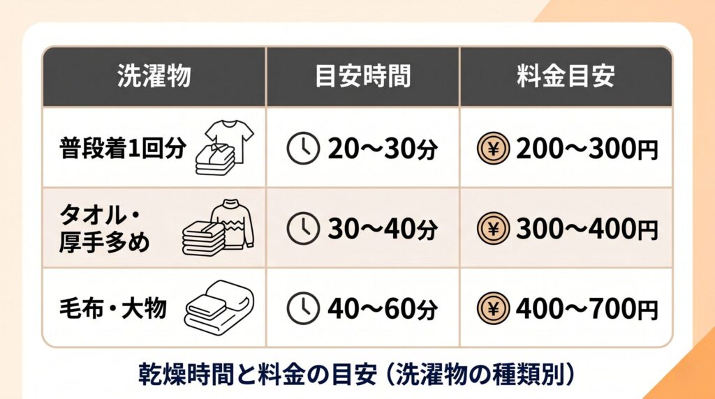 洗濯物の種類別にコインランドリーの乾燥のみ利用した場合の料金と所要時間をまとめた早見表