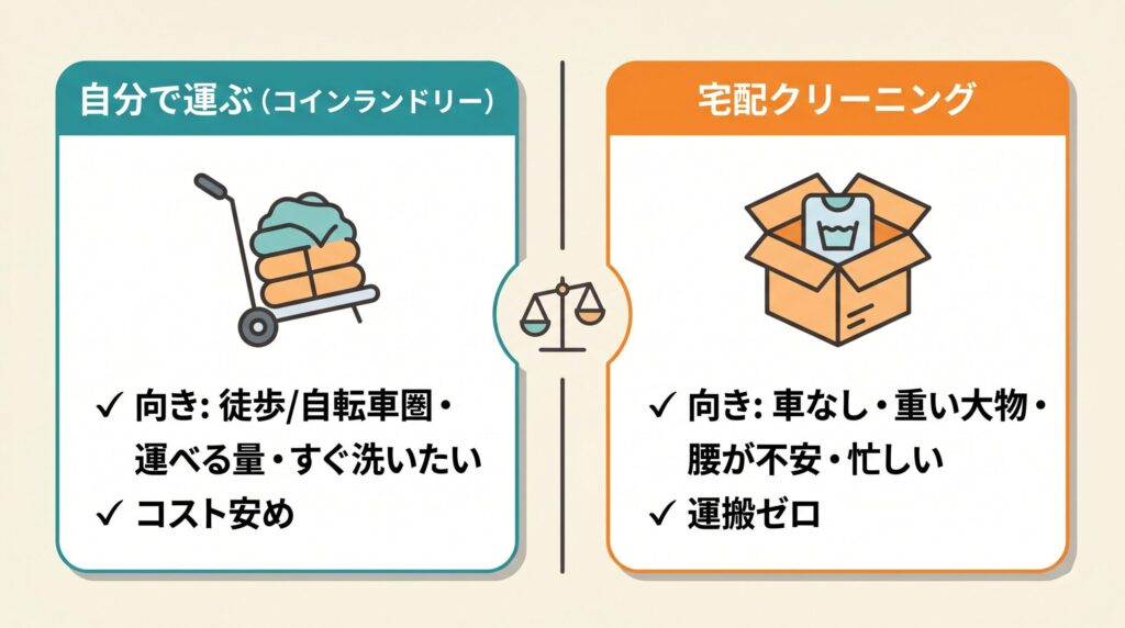 コインランドリーへ自分で運ぶ場合と宅配クリーニングを使う場合の向き不向きを示した使い分けチャート